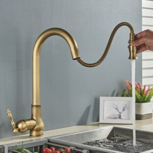 Antique Brass Pull Out Kitchen Faucet Single Handle Faucet 360 Rotate Kitchen Tap Hot Cold Water Mixer Crane Pull Down Brass Sink Faucet