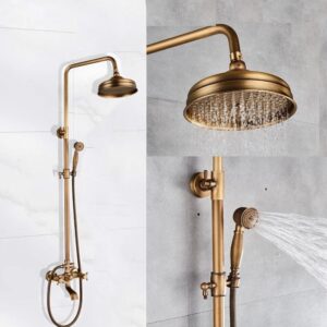 Antique Brass Outdoor-indoor Shower Faucet Shower System 2 Knobs Wall Mounted 8 Inch Shower Head with Handheld Spray Exposed Shower System