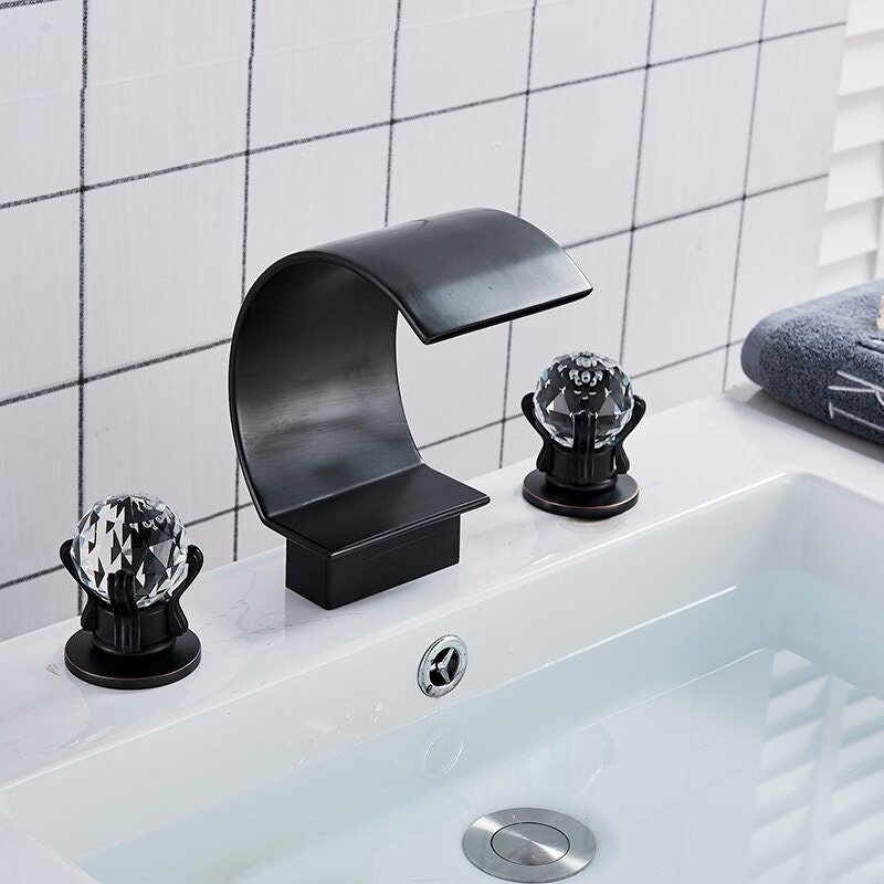 Gold Bathroom Waterfall Faucet Dual Crystal Knobs 3 Holes Vanity Basin Mixer Tap Bathtub Faucet Waterfall Faucet for Bathroom Sink Faucet - Image 7