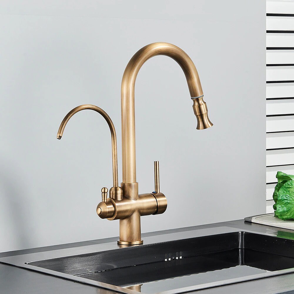 Antique Brass Pull Out Faucet Filter Water Kitchen Faucet 2 in 1 Antique Brass Pull Out Nozzle Kitchen Purification 2 Ways Swivel Mixer Tap - Image 6