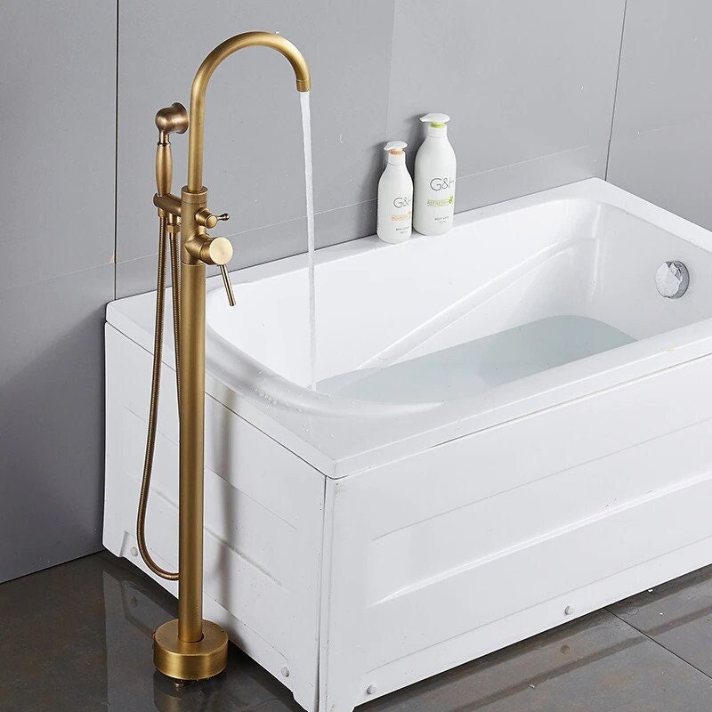 Antique Brass Bathtub Faucet Floor Mounted Swive Spout Tub Mixer Tap with Handshower Handheld Bath Shower Mixer Water Set