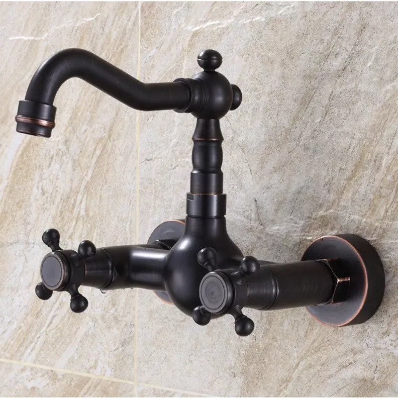 Antique Brass Wall Mounted Kitchen Bathroom Sink Faucet Dual Handle Swivel Spout Hot Cold Water Tap with Two Pipe Bathroom Vanity - Image 8