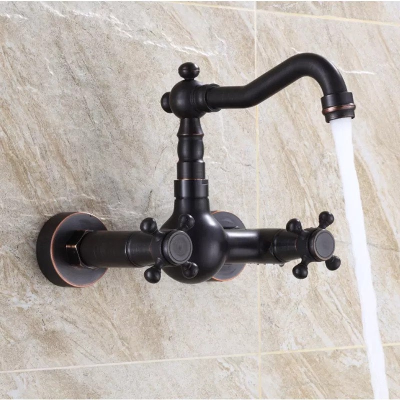 Antique Brass Wall Mounted Kitchen Bathroom Sink Faucet Dual Handle Swivel Spout Hot Cold Water Tap with Two Pipe Bathroom Vanity - Image 6