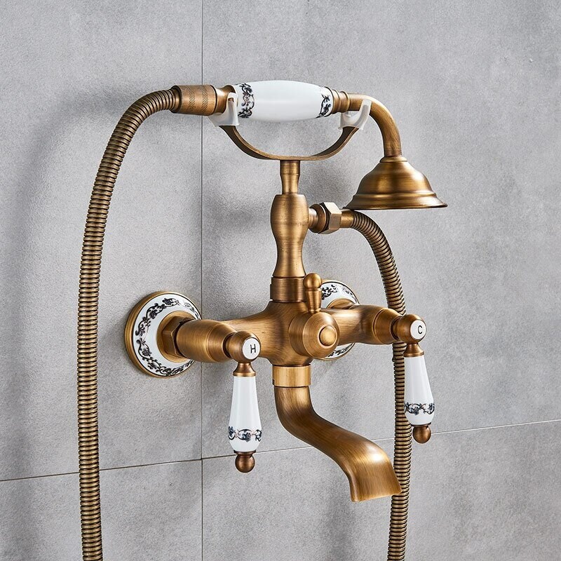 Retro Style Brass Bathtub Shower Faucet Set Dual Knobs Wall Mounted Bathtub Mixer with Handshower and Swivel Tub Spout Tap - Image 5