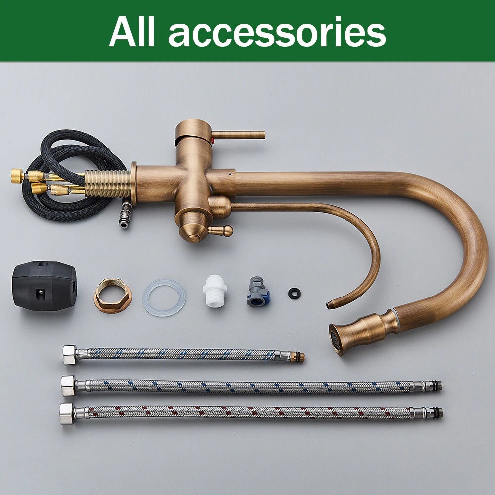 Antique Brass Pull Out Faucet Filter Water Kitchen Faucet 2 in 1 Antique Brass Pull Out Nozzle Kitchen Purification 2 Ways Swivel Mixer Tap - Image 9