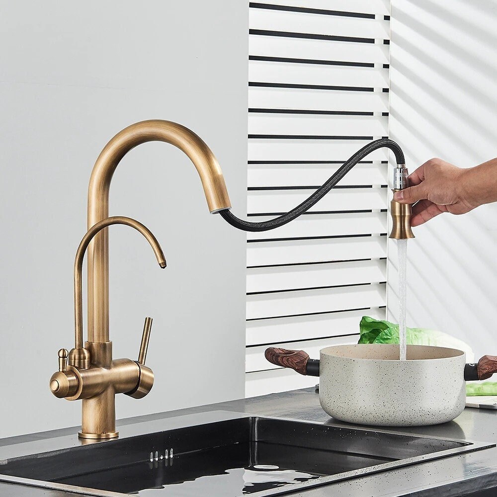 Antique Brass Pull Out Faucet Filter Water Kitchen Faucet 2 in 1 Antique Brass Pull Out Nozzle Kitchen Purification 2 Ways Swivel Mixer Tap