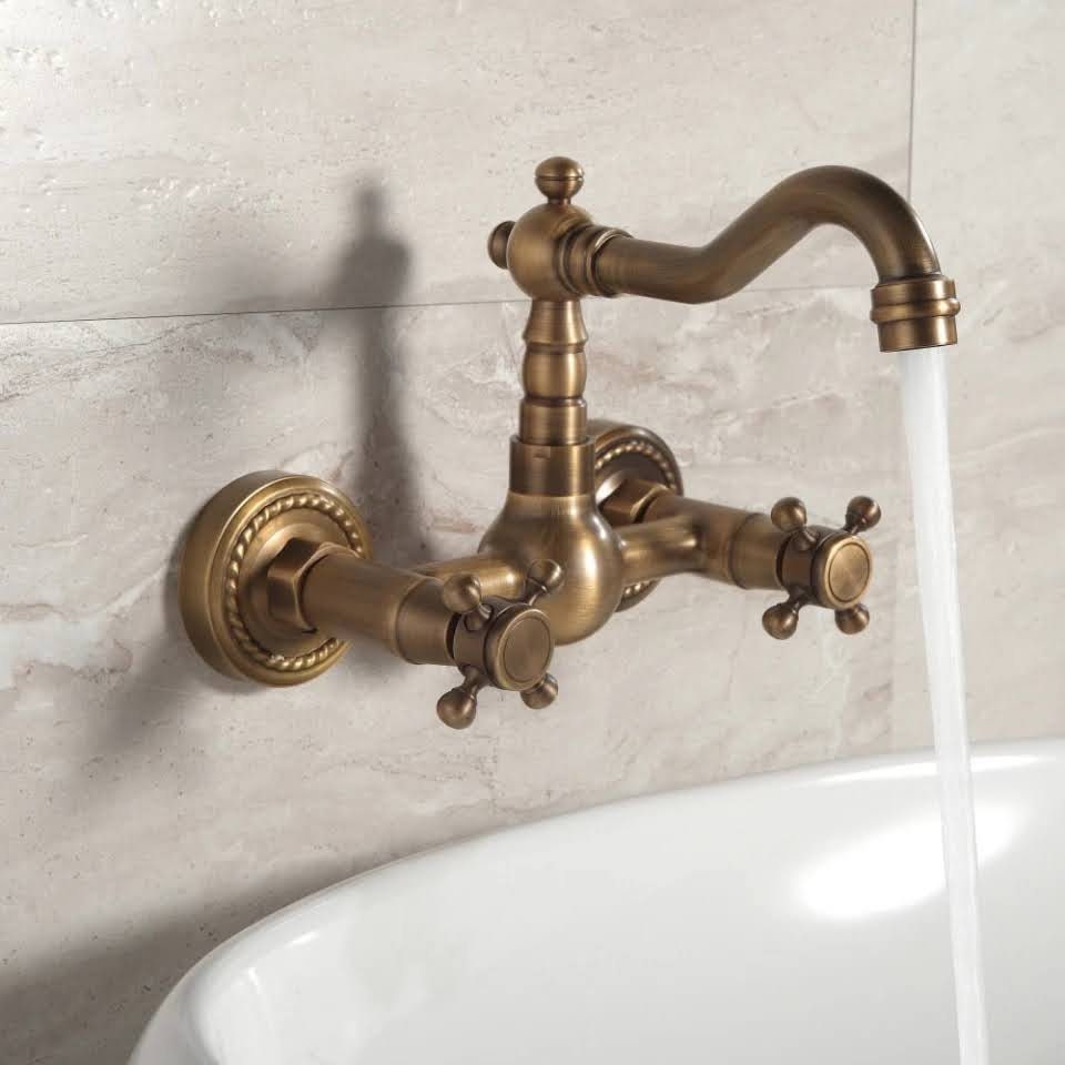 Antique Brass Wall Mounted Kitchen Bathroom Sink Faucet Dual Handle Swivel Spout Hot Cold Water Tap with Two Pipe Bathroom Vanity - Image 2