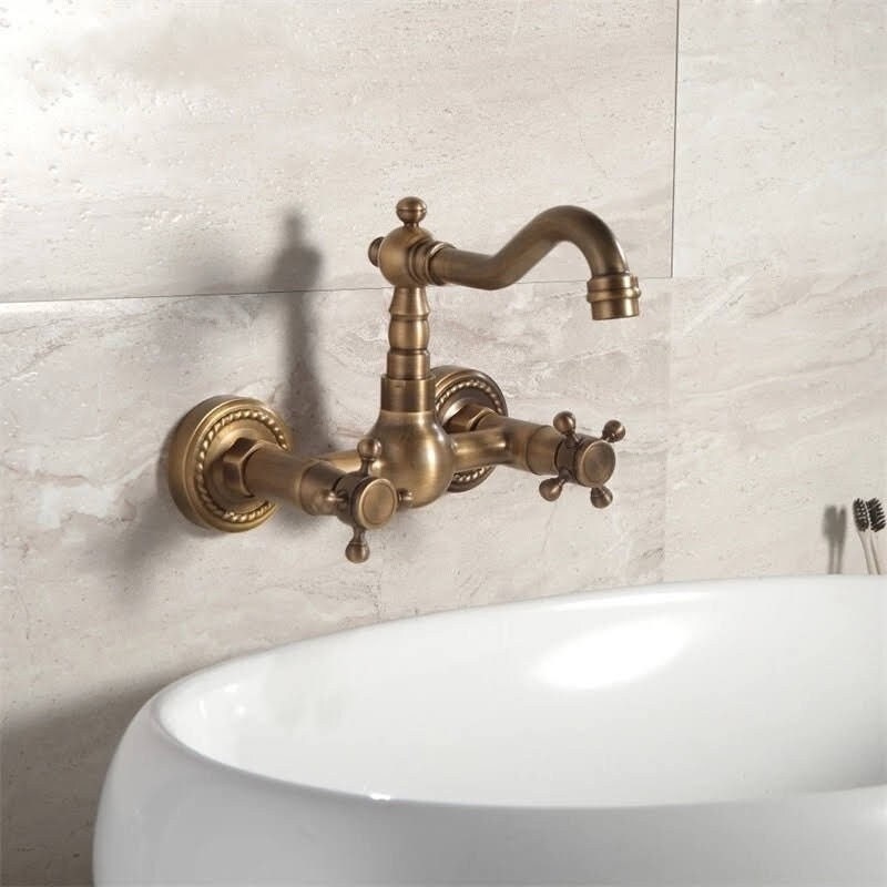 Antique Brass Wall Mounted Kitchen Bathroom Sink Faucet Dual Handle Swivel Spout Hot Cold Water Tap with Two Pipe Bathroom Vanity