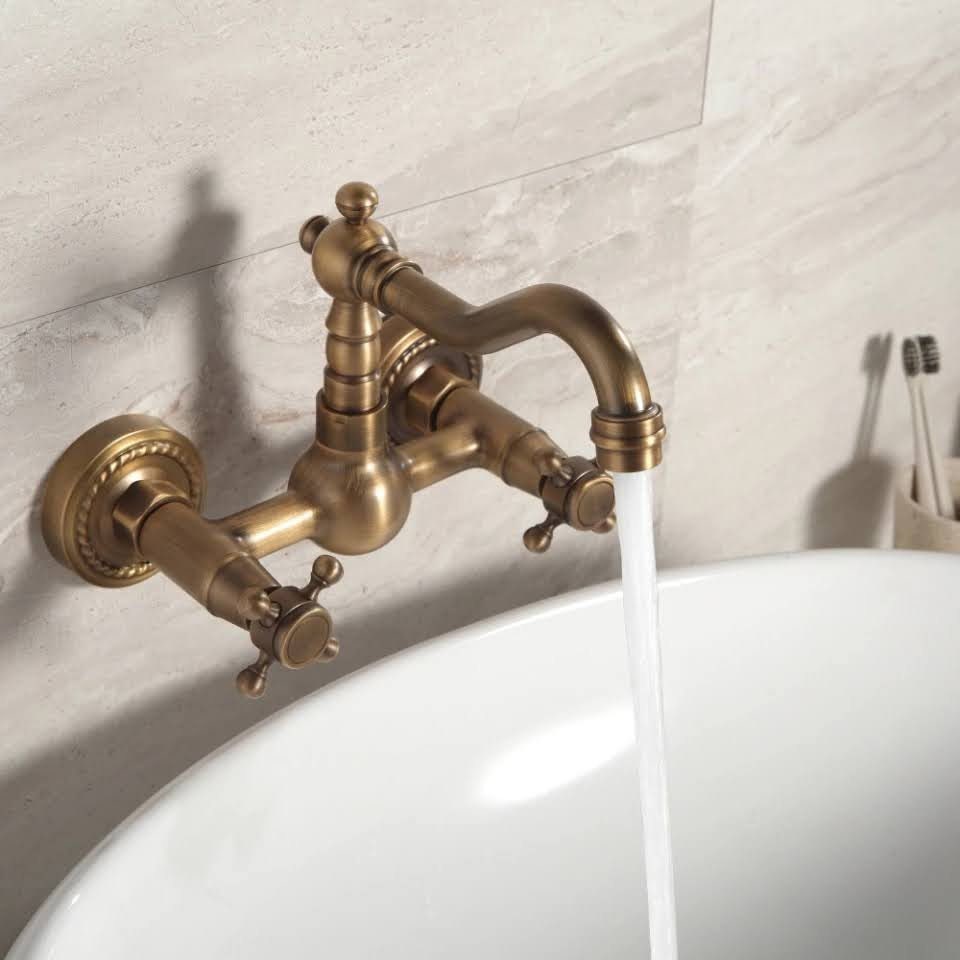 Antique Brass Wall Mounted Kitchen Bathroom Sink Faucet Dual Handle Swivel Spout Hot Cold Water Tap with Two Pipe Bathroom Vanity - Image 3