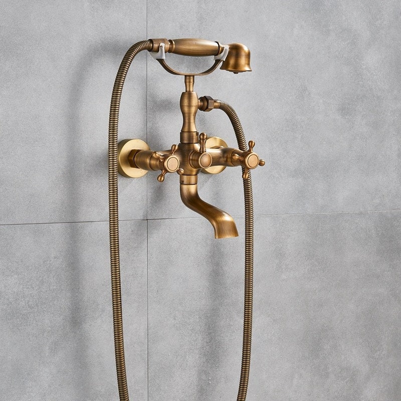 Brass Bathtub Shower Faucet Set Dual Knobs Wall Mounted Bathtub Mixer with Handshower and Swivel Tub Spout Tap Retro Style Bathtub Faucet - Image 5