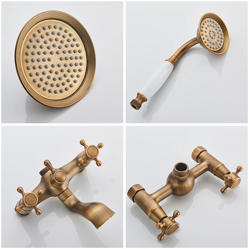 Antique Brass Shower Faucets Wall Mount Rainfall Shower With Handshower Swivel Tub Spout Retro Shower Mixer Tap For Bath - Image 6
