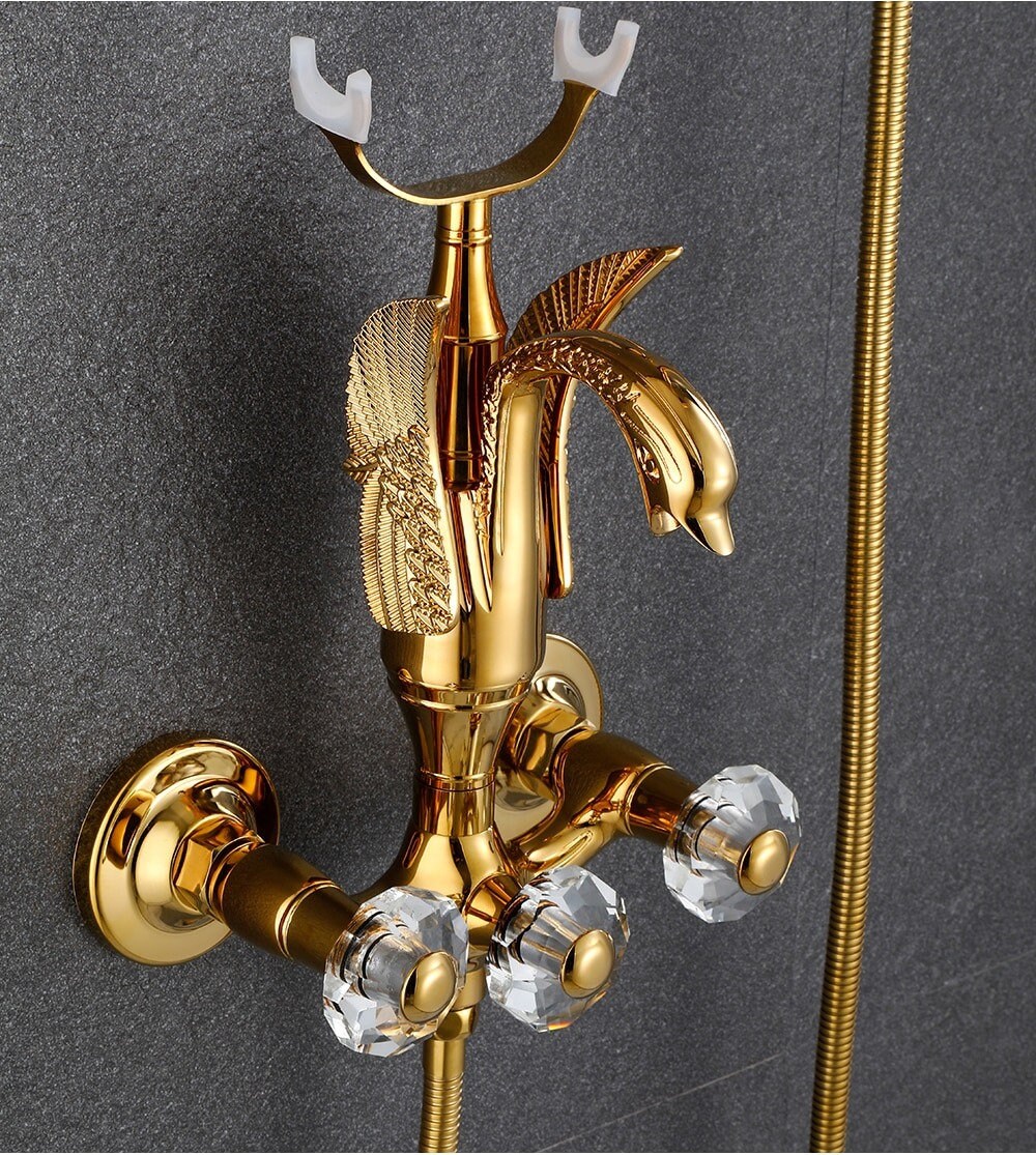 Golden Bath Shower Faucet Set Wall Mounted Swan Bathtub Faucet Bathroom Cold and Hot Bath and Shower Mixer Tap Brass Handshower Crystal Tap - Image 2