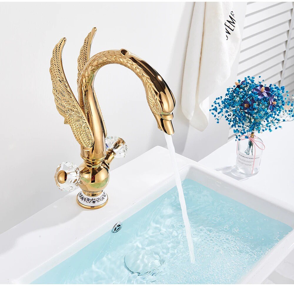 Golden Swan Basin Faucet Deck Mounted Bathroom Faucet Hot and Cold Water Mixer Tap Bath Water Faucet Basin Sink Taps Golden Bird Faucet - Image 2