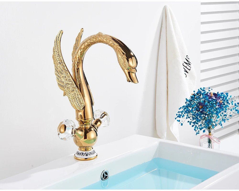 Golden Swan Basin Faucet Deck Mounted Bathroom Faucet Hot and Cold Water Mixer Tap Bath Water Faucet Basin Sink Taps Golden Bird Faucet