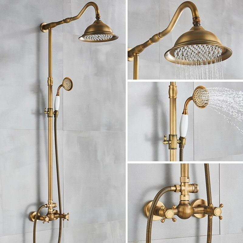 Antique Brass Shower Faucets Wall Mount Rainfall Shower With Handshower Swivel Tub Spout Retro Shower Mixer Tap For Bath - Image 4