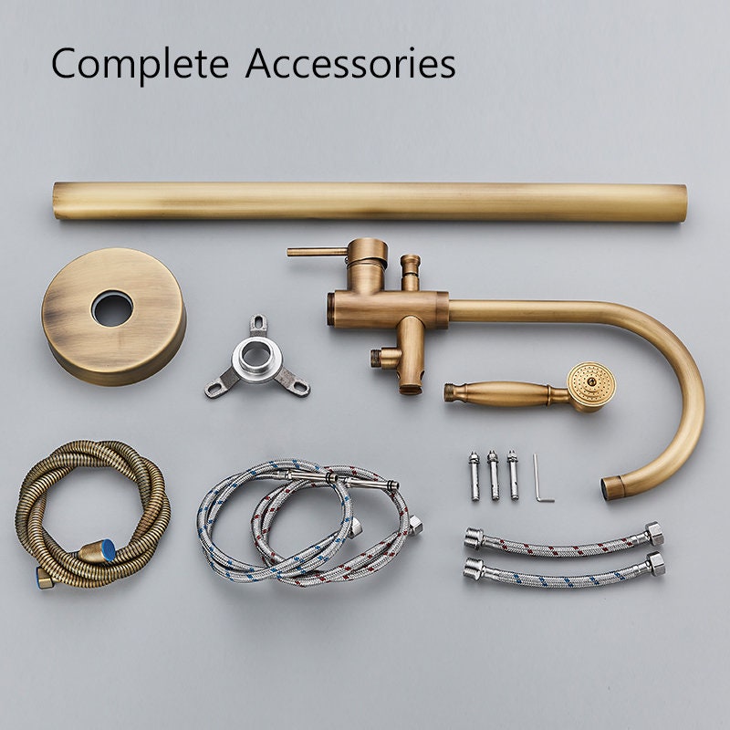 Antique Brass Bathtub Faucet Floor Mounted Swive Spout Tub Mixer Tap with Handshower Handheld Bath Shower Mixer Water Set - Image 5