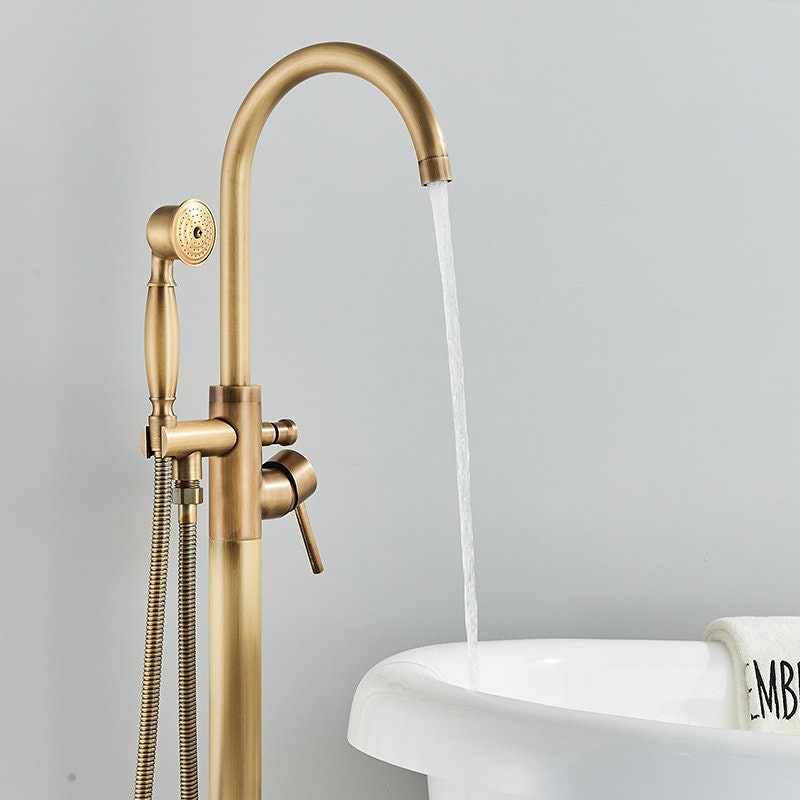 Antique Brass Bathtub Faucet Floor Mounted Swive Spout Tub Mixer Tap with Handshower Handheld Bath Shower Mixer Water Set - Image 3