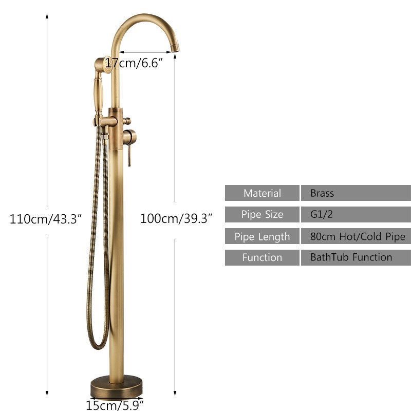 Antique Brass Bathtub Faucet Floor Mounted Swive Spout Tub Mixer Tap with Handshower Handheld Bath Shower Mixer Water Set - Image 4