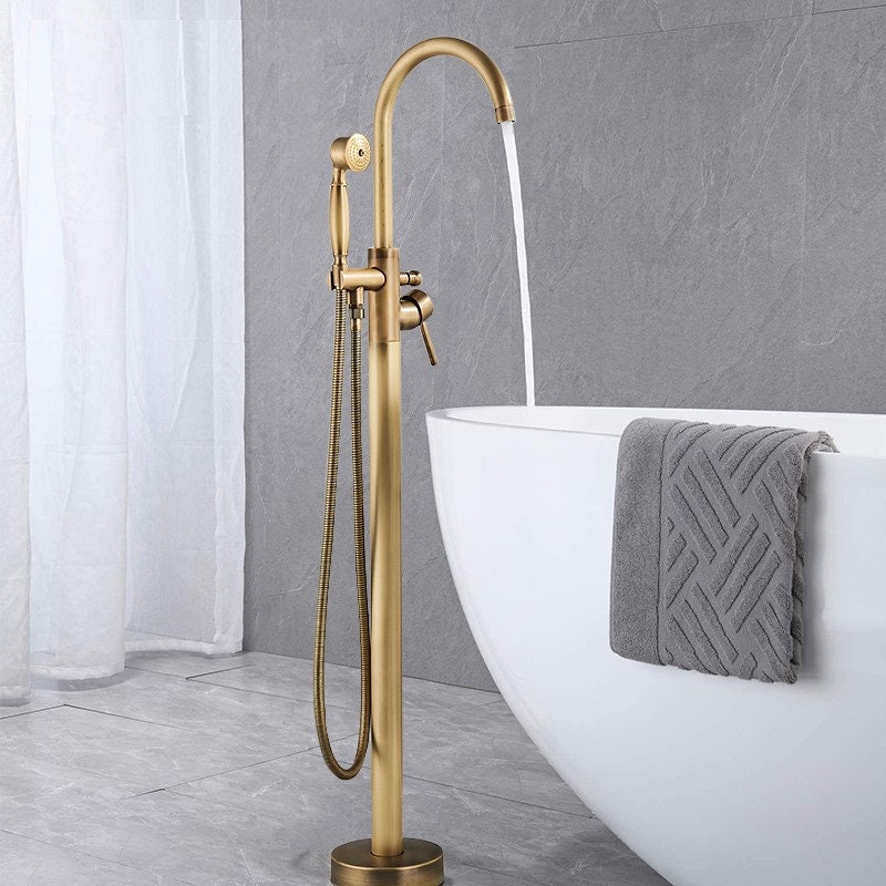 Antique Brass Bathtub Faucet Floor Mounted Swive Spout Tub Mixer Tap with Handshower Handheld Bath Shower Mixer Water Set - Image 2