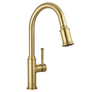 Brushed Gold Kitchen Faucet with Pull Down Sprayer, Single Handle Gold Kitchen Sink Faucet, Brushed Brass Faucet for Kitchen Sink 1 Hole and 3 Hole, Deck Plate Included, KF421-SG